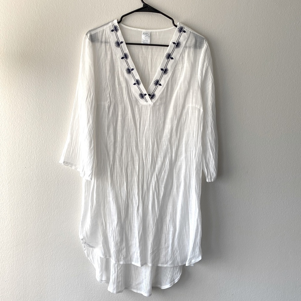 Kona Sol White Embroidered Neckline Cover Up Dress Size Large